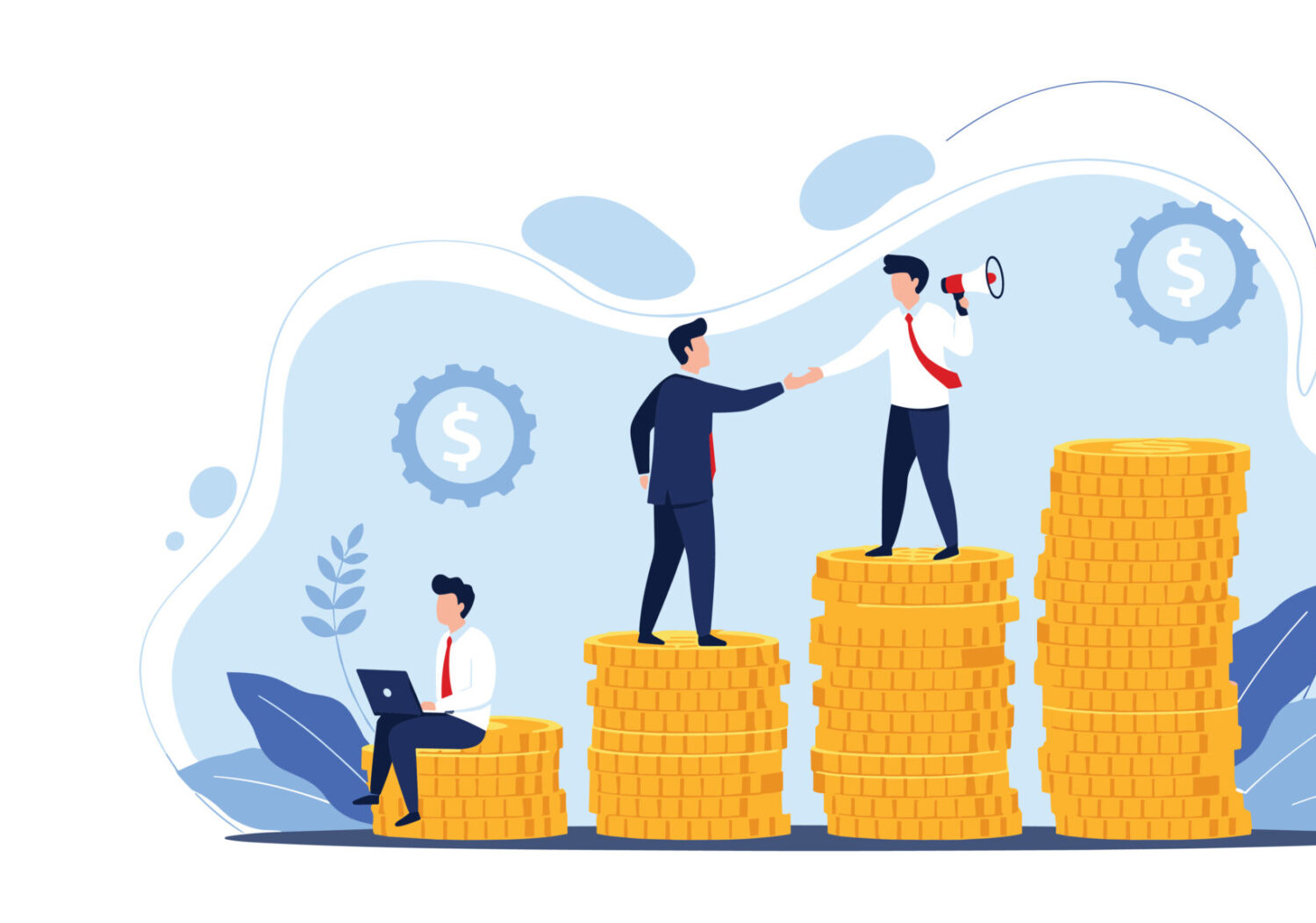 Businessmen standing on piles of gold coins of varying heights to represent wealth levels, income inequality, and financial success.