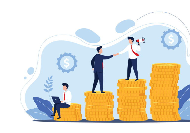Businessmen standing on piles of gold coins of varying heights to represent wealth levels, income inequality, and financial success.